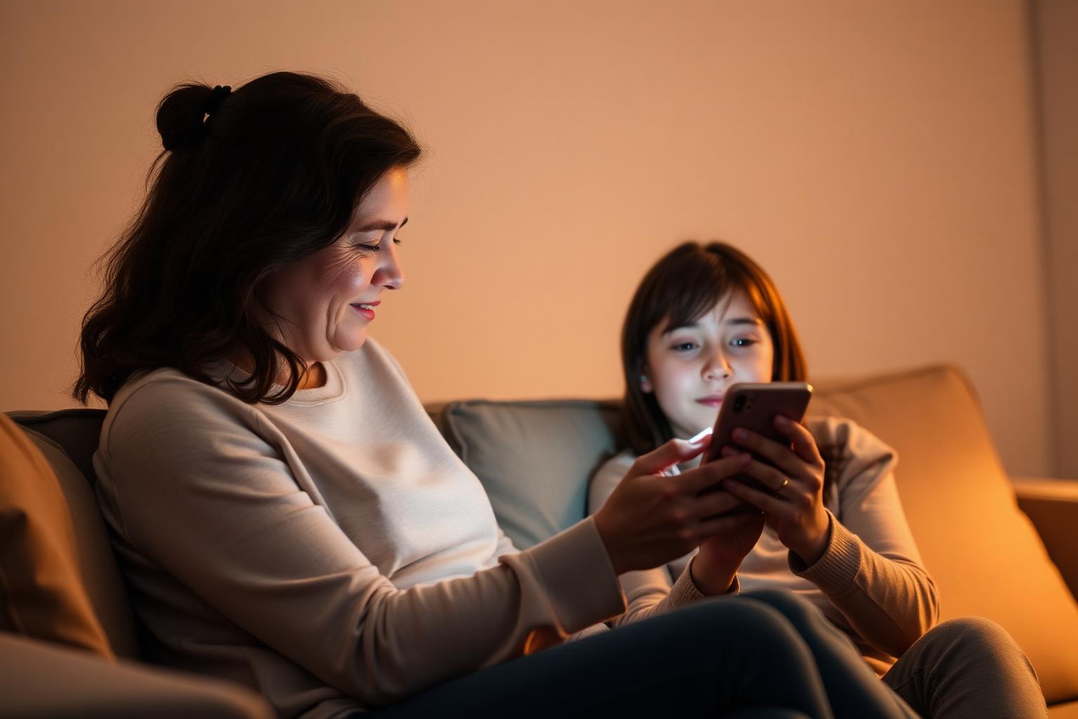 A parent and teenager reviewing phone settings together on a sofa